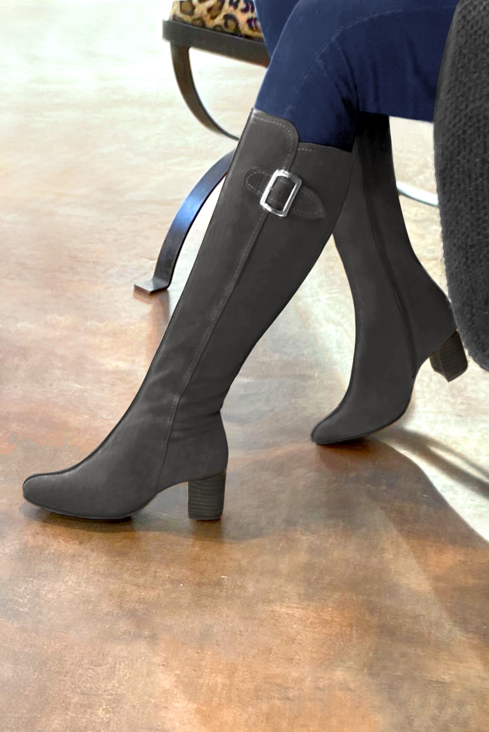 Dark grey women's knee-high boots with buckles. Round toe. Low flare heels. Made to measure. Worn view - Florence KOOIJMAN